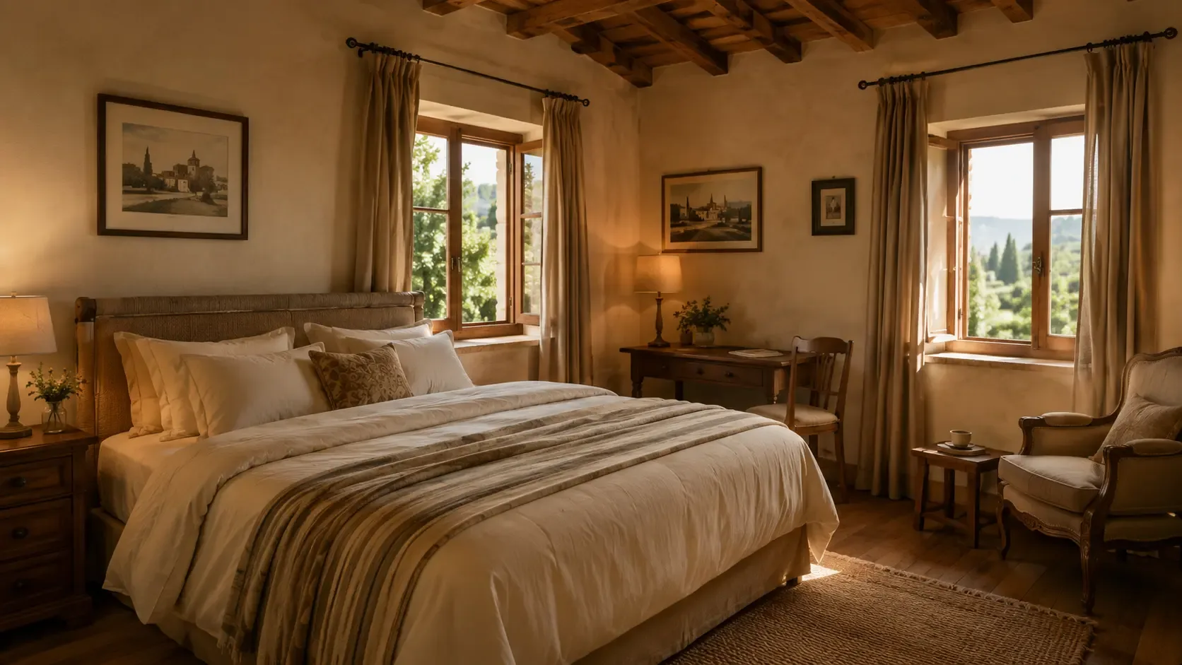 Cozy bedroom with white bedding, wood furniture, and rustic decor. Two windows with beige curtains let in natural light.