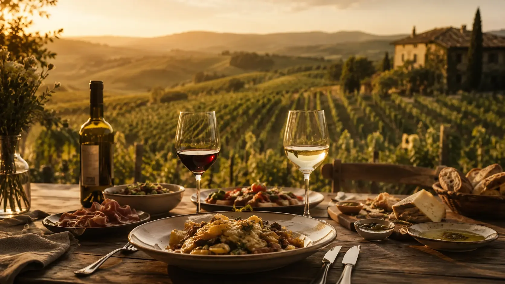 A table set with wine and food overlooking a vineyard at sunset.