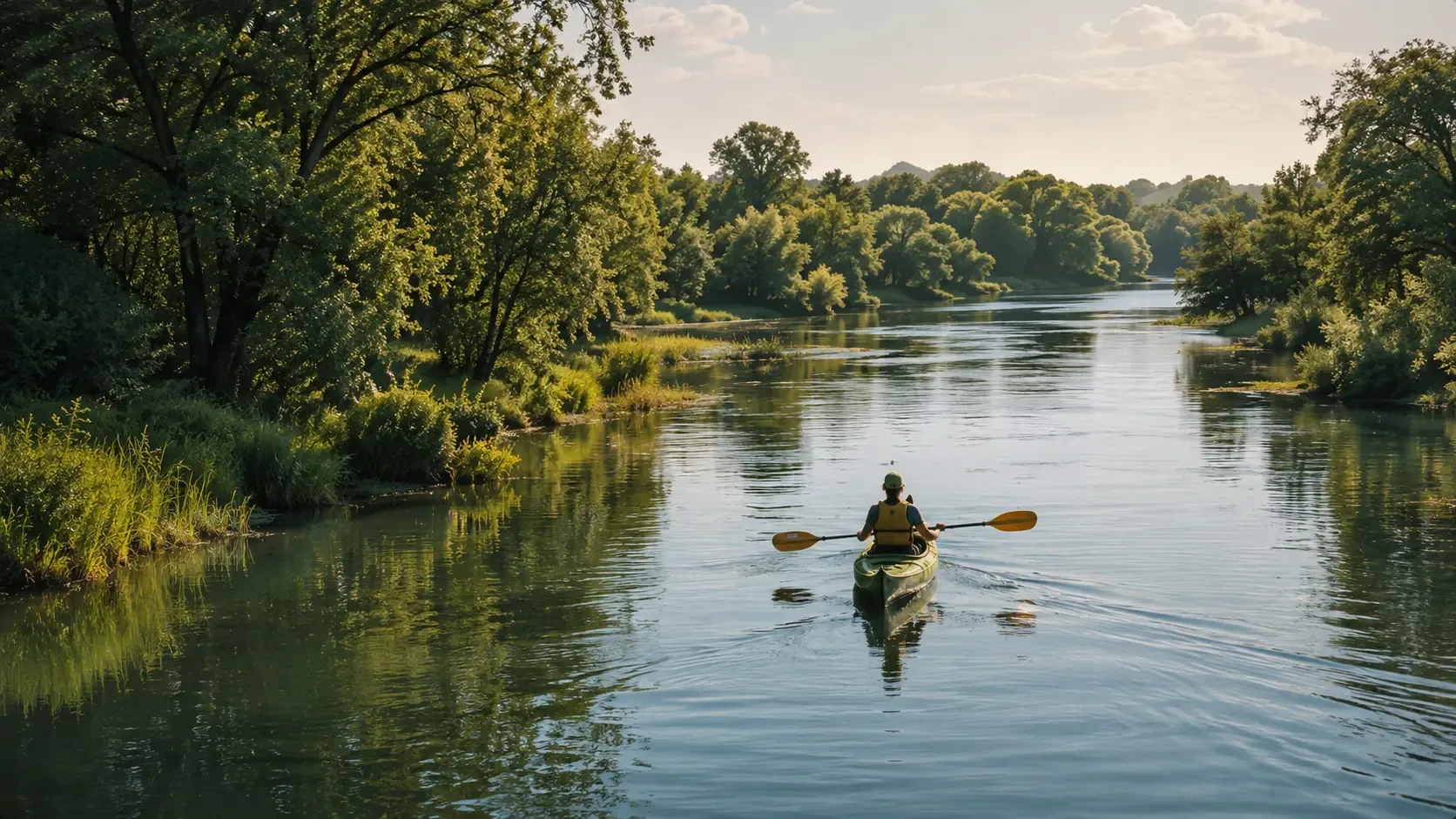 A person kayaking on a serene river surrounded by lush greenery and trees.