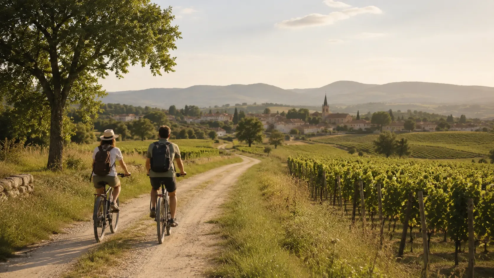 Couple cycling on a dirt road through vineyards with a village and mountains in the background.