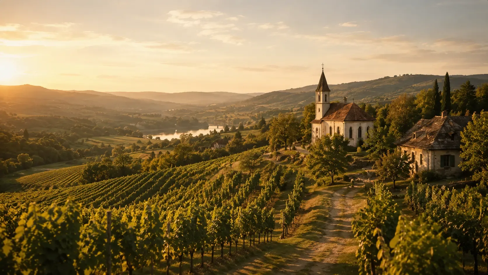 Vineyard landscape with rows of grapevines, a church and house, and a serene lake in the background at sunset.