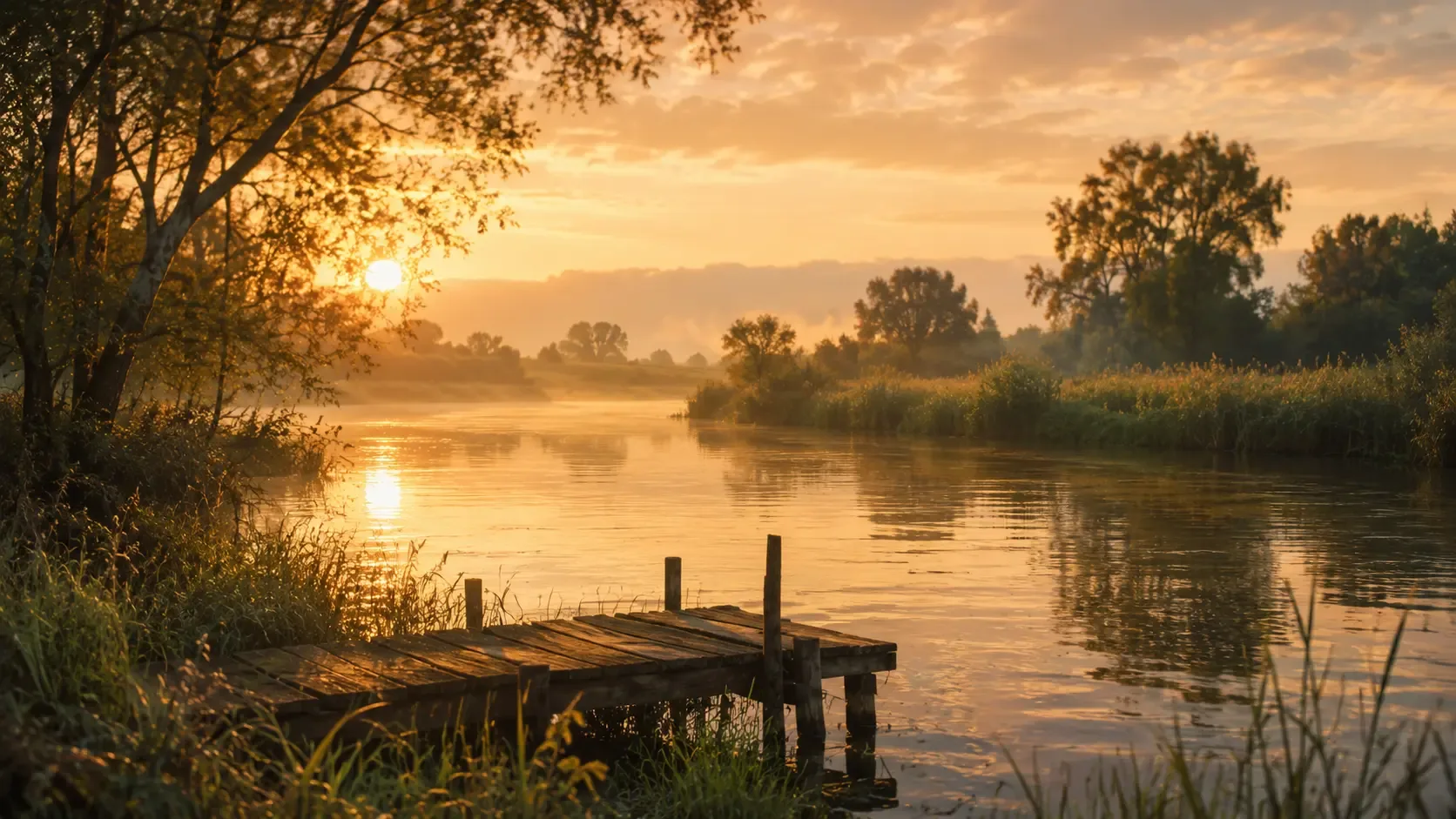 Sunset over a serene lake with a wooden dock, surrounded by trees and vegetation.