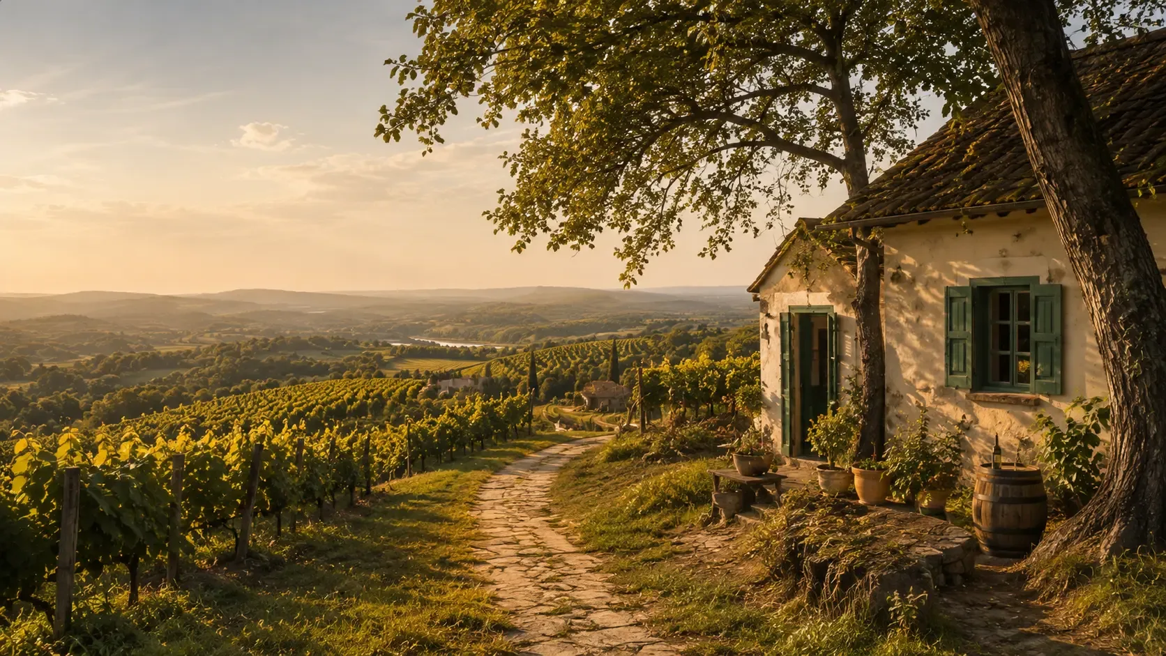 A serene vineyard scene with a small house, tree, and winding path at sunset.